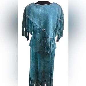 Vintage NWT Liz E. Parker turquoise suede leather top and skirt suit set